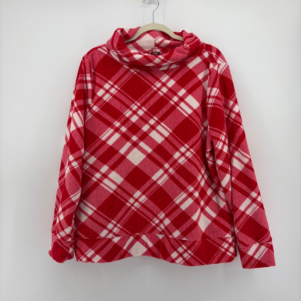 Talbots Womens XL Red Plaid Fleece Cowl Neck Pullover Long Sleeve Sweater